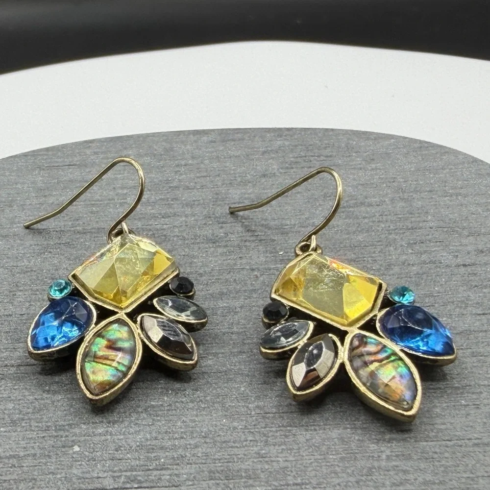 Multicolor Rhinestone Abalone Look Gold Tone Dangle Earrings Boho Statement